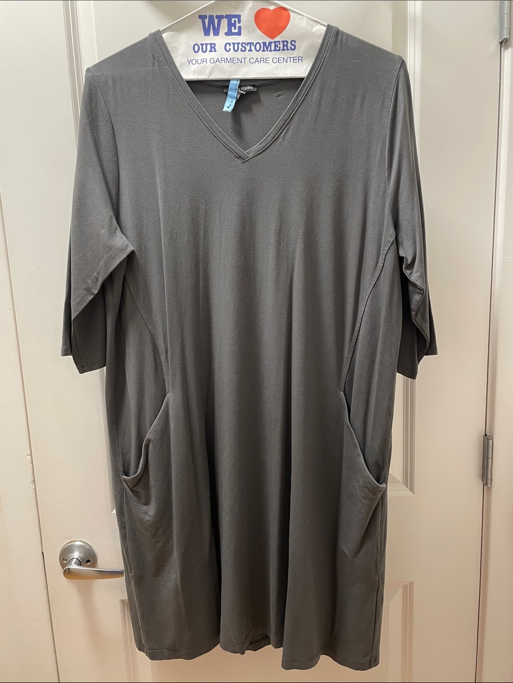 Eileen Fisher Gray V-Neck Pocket Tunic Dress